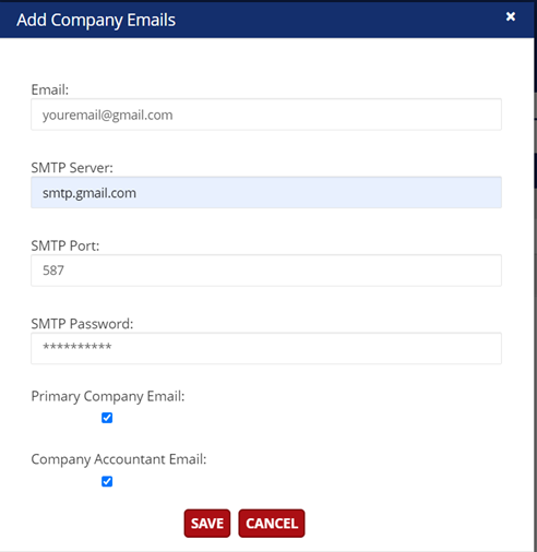Picture showing fields to complete for company email